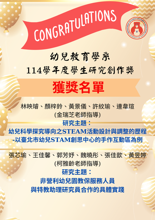 賀 本校幼兒教育學系114學年度學生研究創作獎獲獎名單圖片
