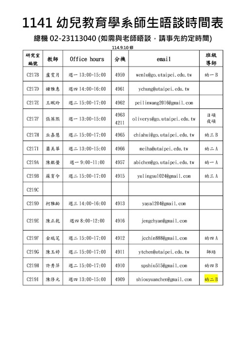 本校幼兒教育學系114學年度第1學期師生晤談時間表(需先與老師預約時間)圖片